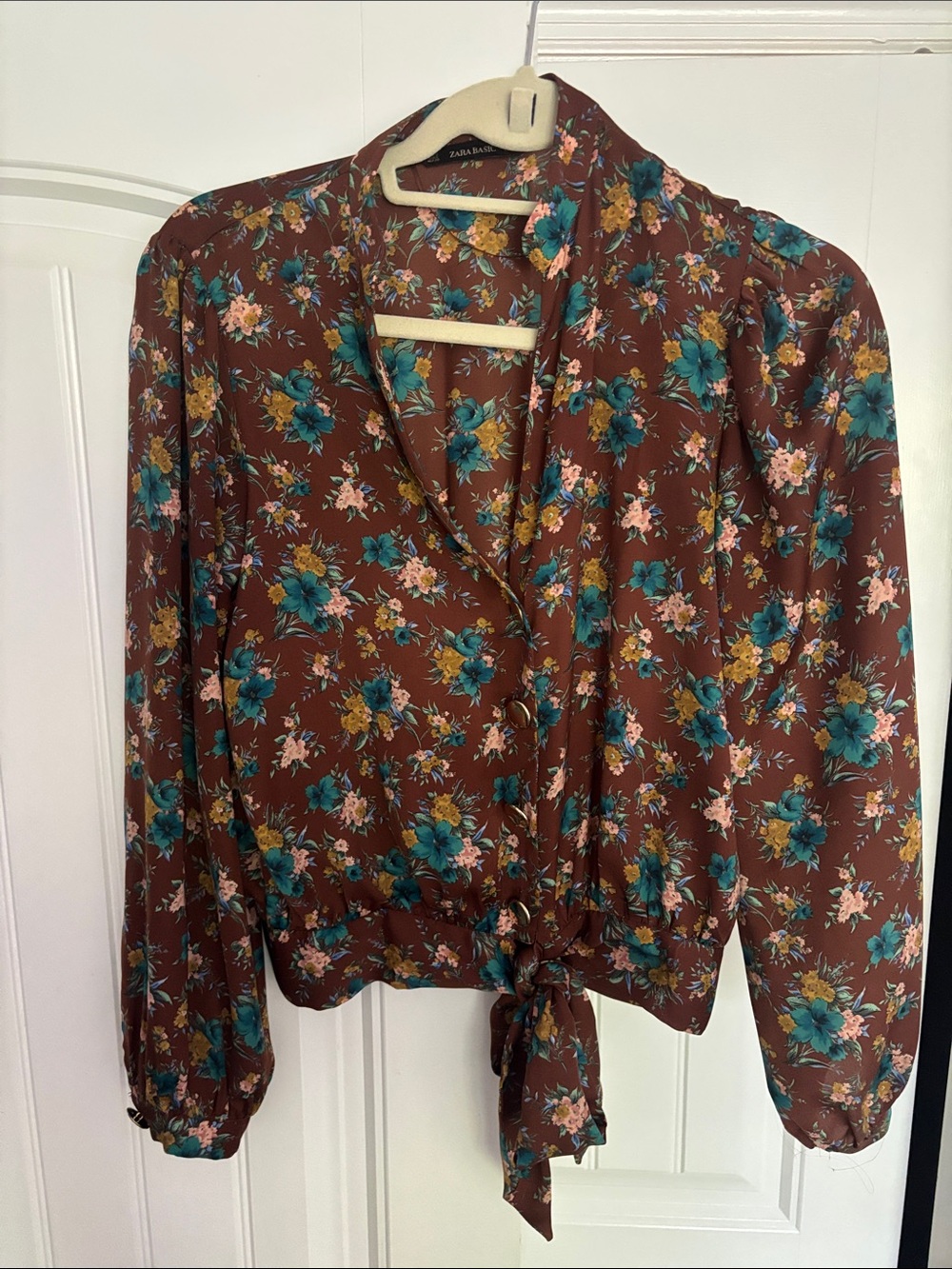Zara Teal & Mustard Floral Tie-Front Blouse